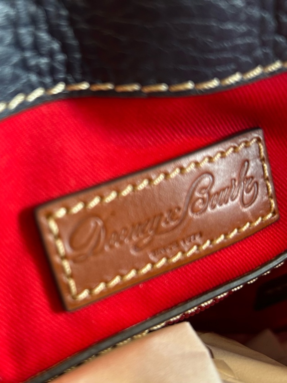 Dooney & Bourke Navy Pebbled Leather Shoulder Bag with Brown Trim and Tassels - Picture 5 of 8